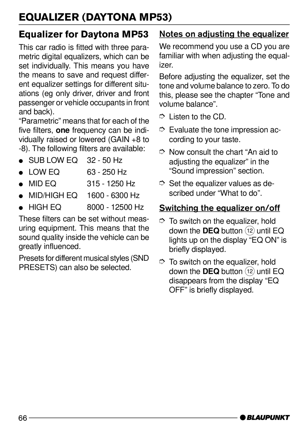Blaupunkt Acapulco MP52 operating instructions Equalizer Daytona MP53, Equalizer for Daytona MP53, 1600 6300 Hz, 8000 