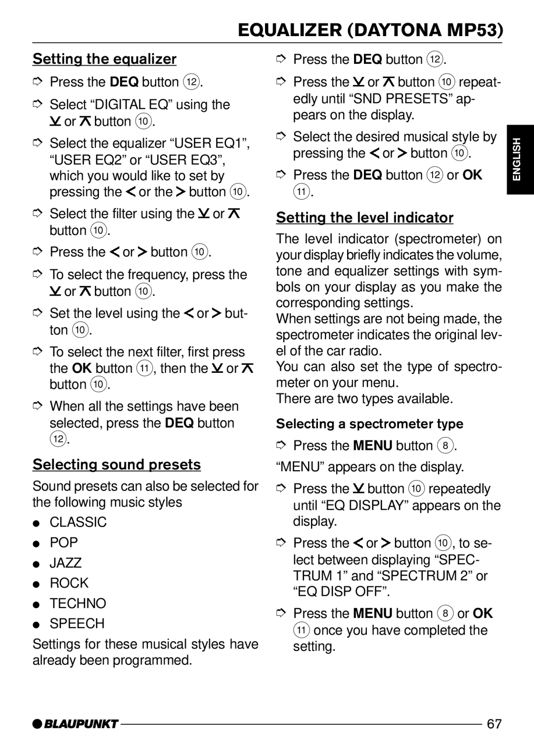 Blaupunkt Daytona MP53, Acapulco MP52 Setting the equalizer, Press the DEQ button or OK, El of the car radio 