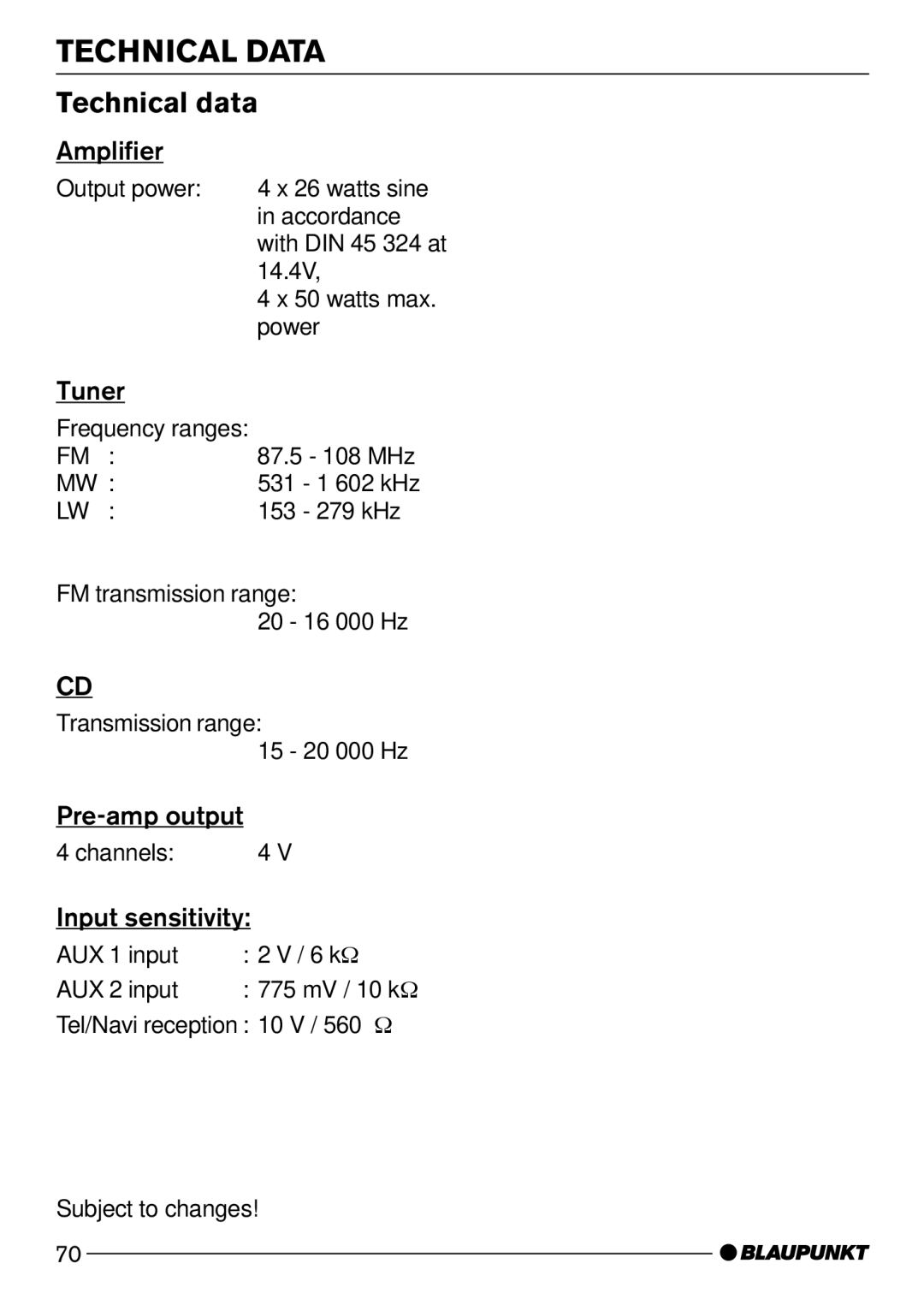 Blaupunkt Acapulco MP52, Daytona MP53 operating instructions Technical Data, Technical data 