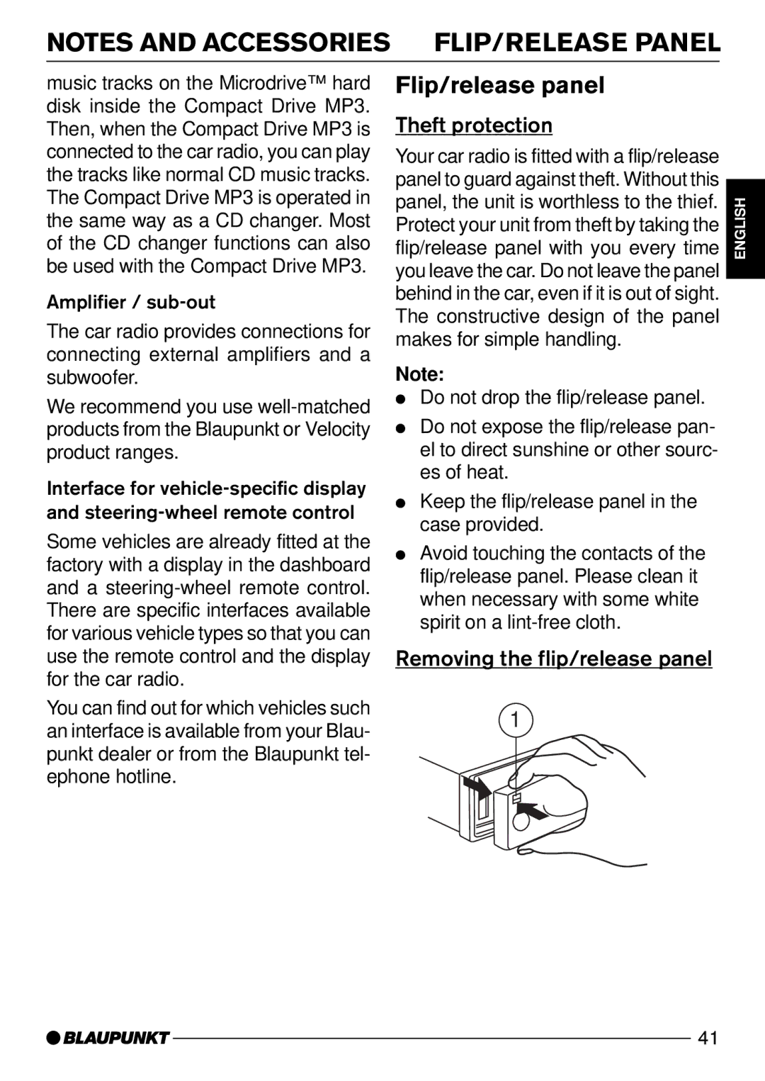 Blaupunkt Daytona MP53, Acapulco MP52 Flip/release panel, Theft protection, Removing the flip/release panel 