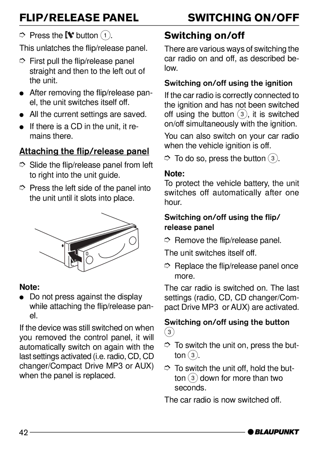 Blaupunkt Acapulco MP52 FLIP/RELEASE Panel Switching ON/OFF, Switching on/off, Attaching the flip/release panel 