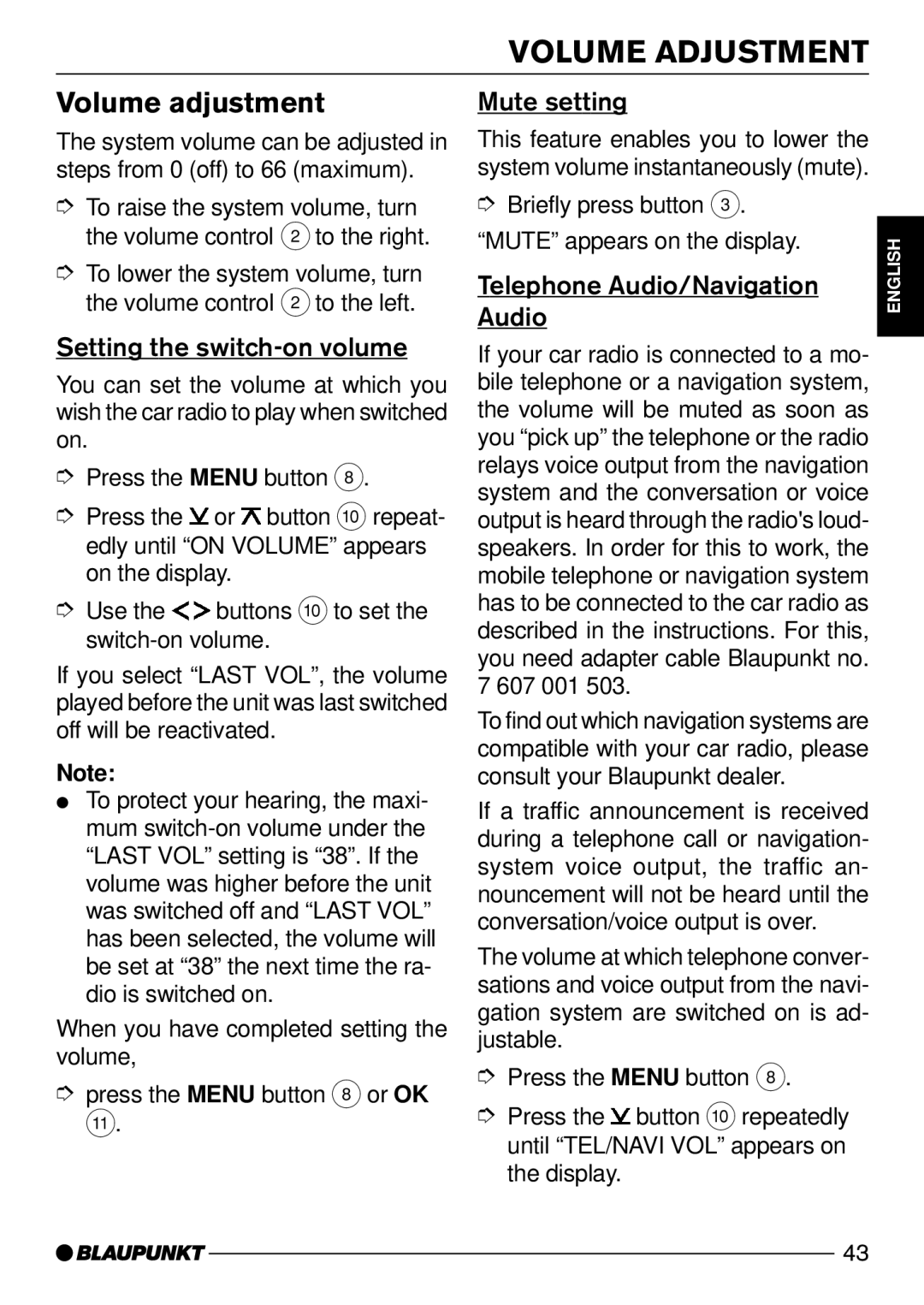 Blaupunkt Daytona MP53, Acapulco MP52 operating instructions Volume Adjustment, Volume adjustment 