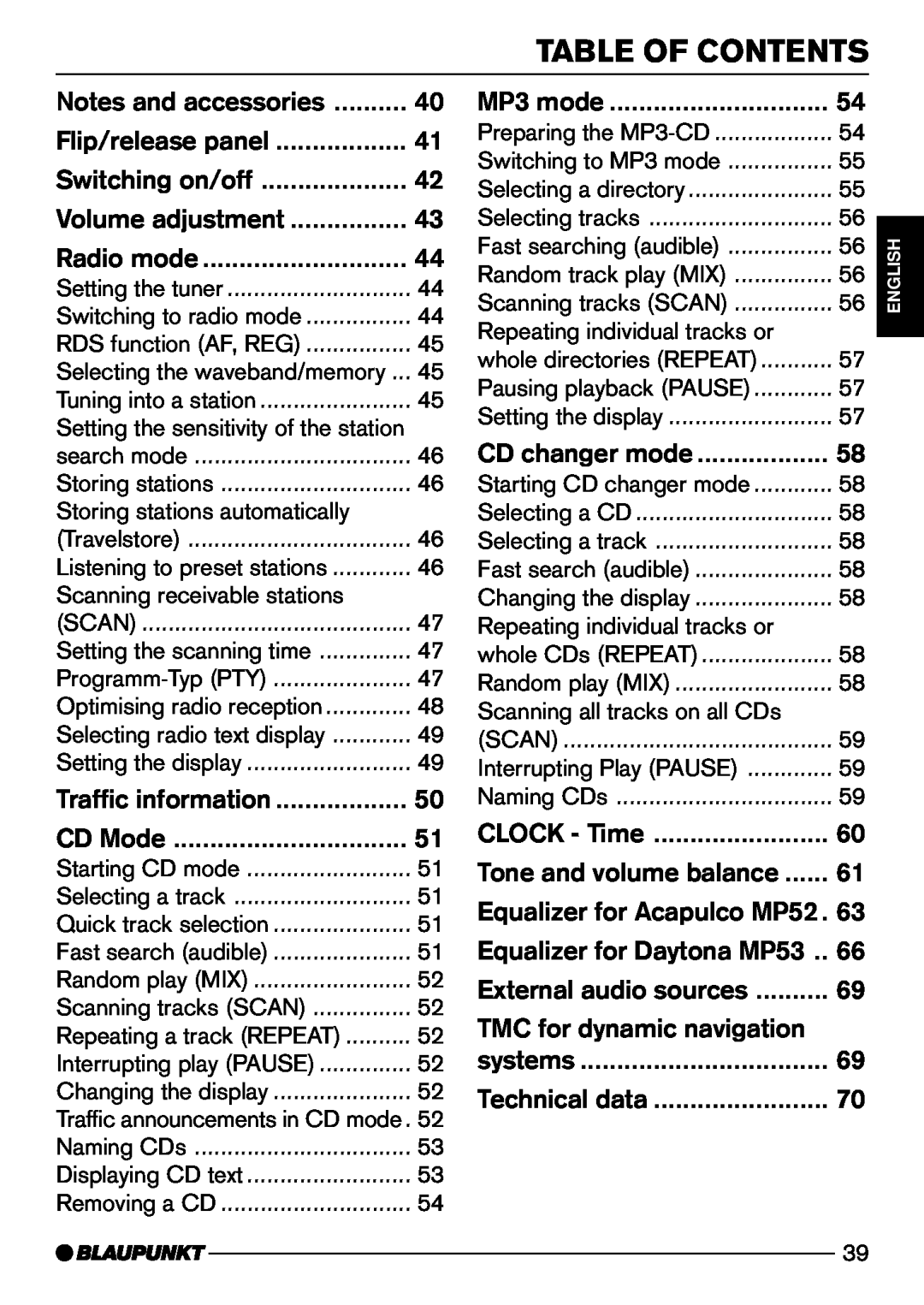 Blaupunkt Daytona MP53, Acapulco MP52 operating instructions Table Of Contents, TMC for dynamic navigation 