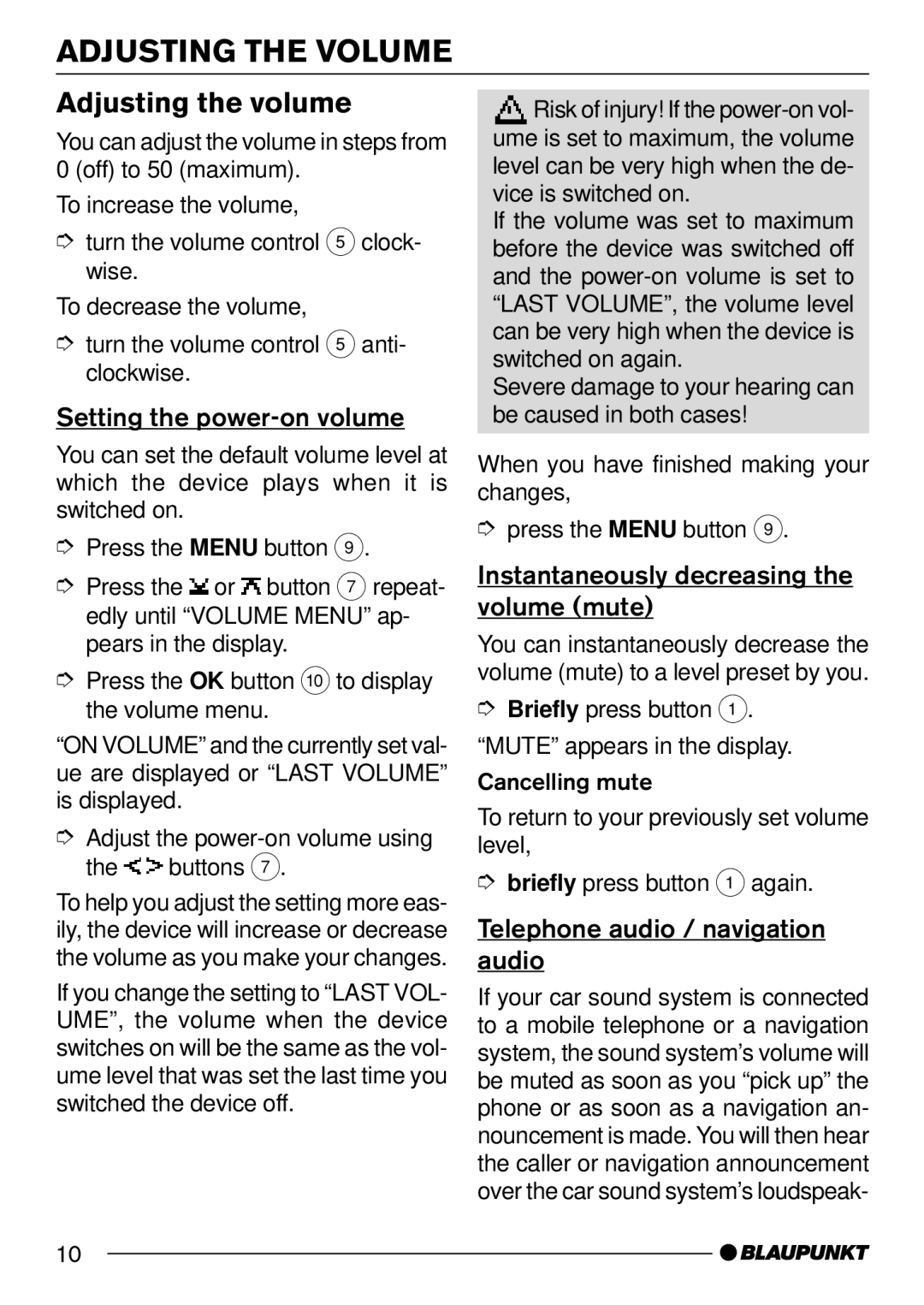 Blaupunkt MP54 US operating instructions Adjusting the Volume, Adjusting the volume, Setting the power-on volume 