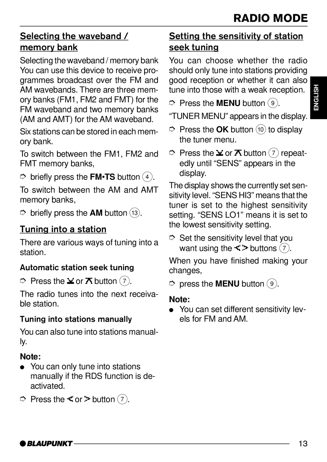 Blaupunkt Acapulco MP54 US, Casablanca MP54 US Selecting the waveband / memory bank, Tuning into a station, Seek tuning 