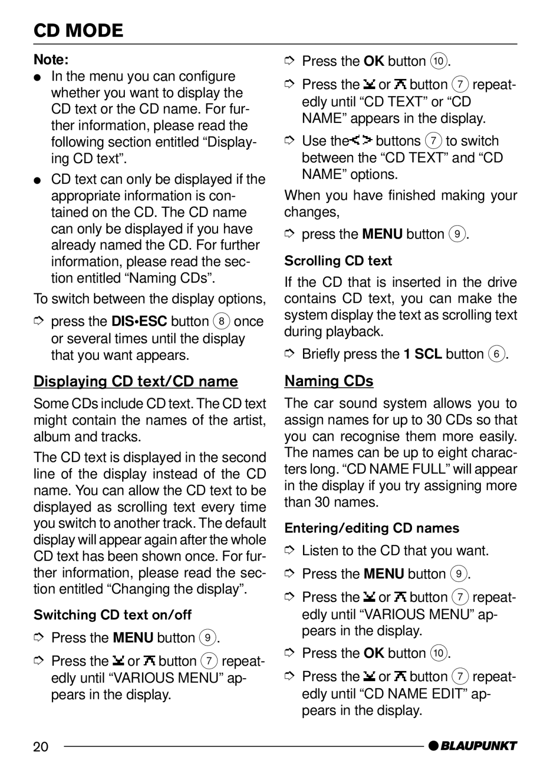 Blaupunkt Acapulco MP54 US, Casablanca MP54 US operating instructions Displaying CD text/CD name, Naming CDs 