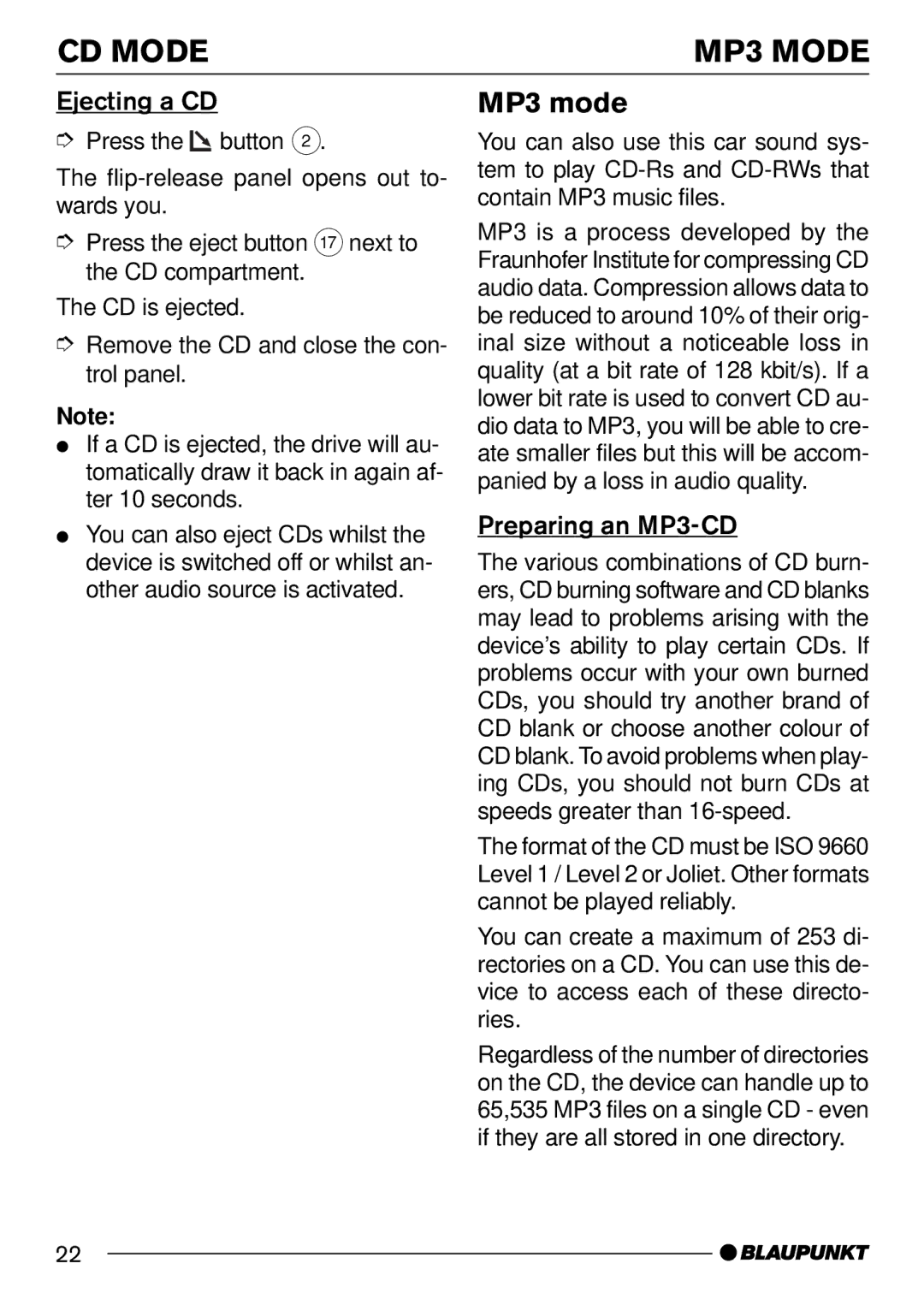 Blaupunkt Acapulco MP54 US, Casablanca MP54 US CD Mode MP3 Mode, MP3 mode, Ejecting a CD, Preparing an MP3-CD 