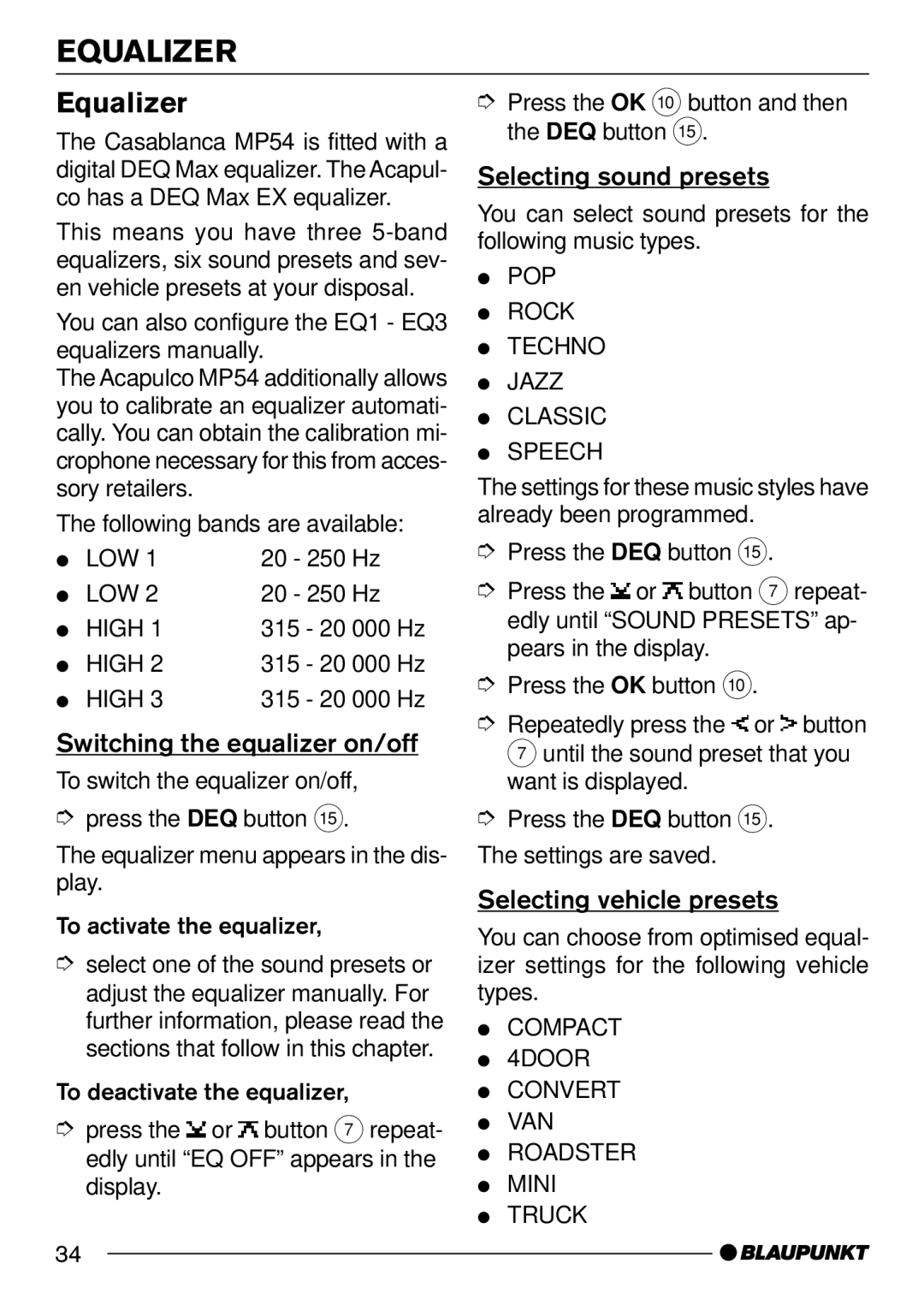 Blaupunkt MP54 US Equalizer, Switching the equalizer on/off, Selecting sound presets, Selecting vehicle presets 