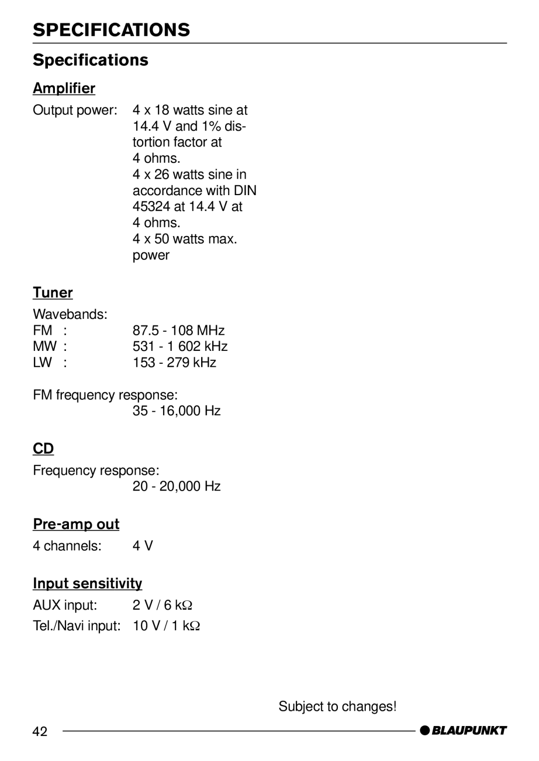 Blaupunkt Acapulco MP54 US, Casablanca MP54 US operating instructions Specifications 