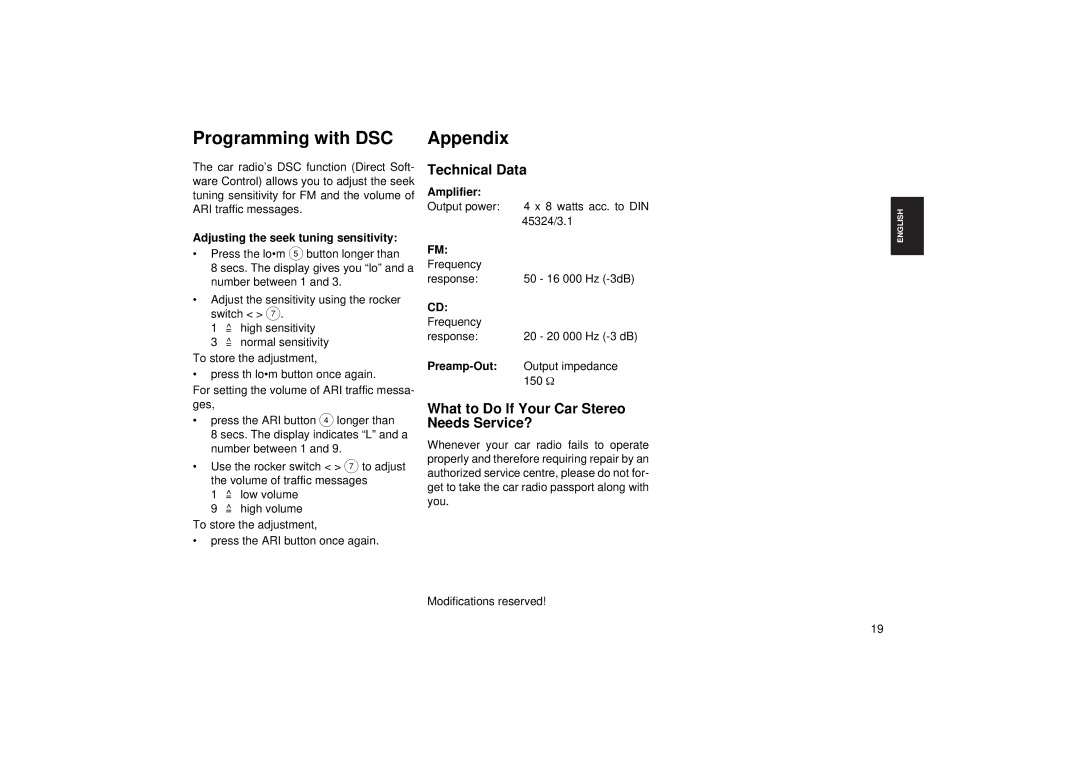 Blaupunkt ACD 9430 Programming with DSC Appendix, Technical Data, What to Do If Your Car Stereo Needs Service?, Amplifier 