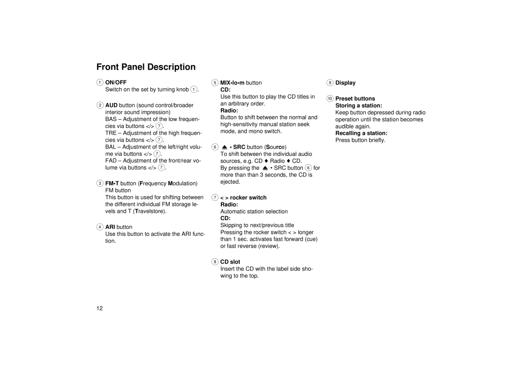 Blaupunkt ACD 9430 operating instructions Front Panel Description 