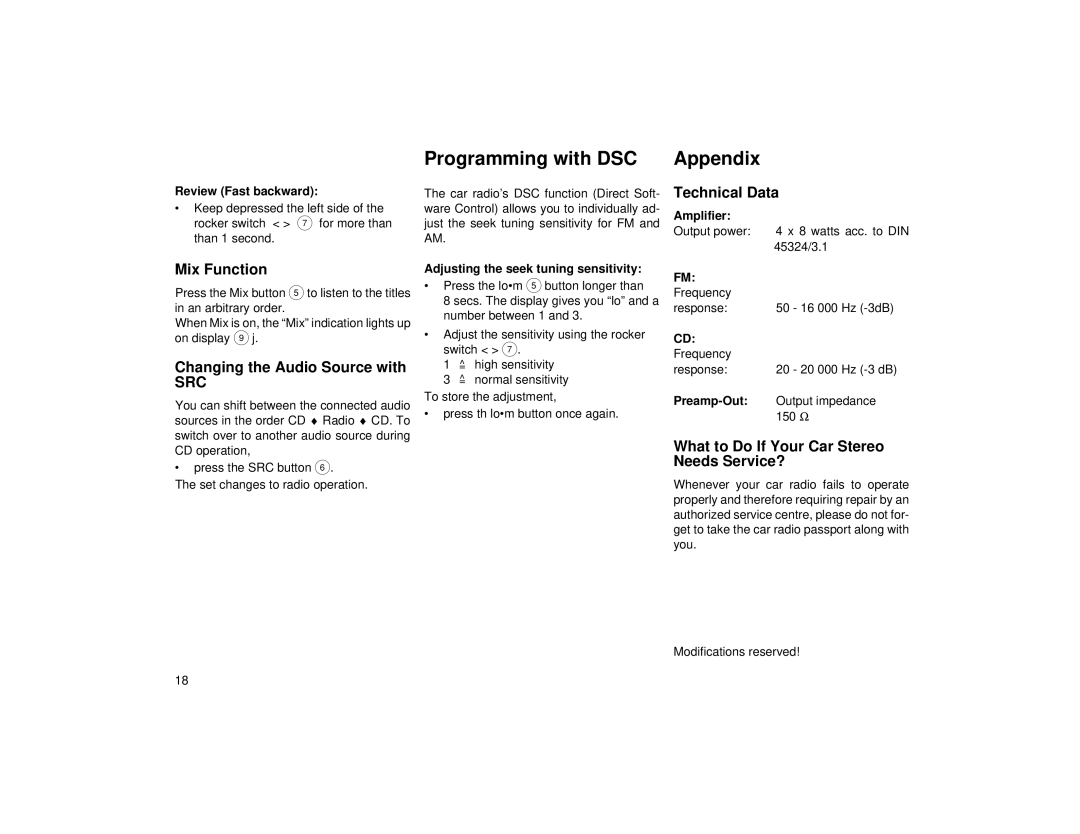 Blaupunkt ACD 9431 manual Programming with DSC Appendix, Mix Function, Changing the Audio Source with, Technical Data 