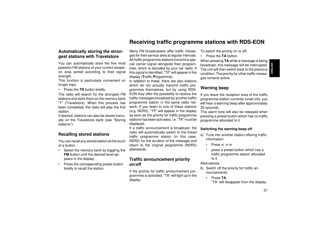 Blaupunkt ACM 5450 Receiving traffic programme stations with RDS-EON, Automatically storing the stron 