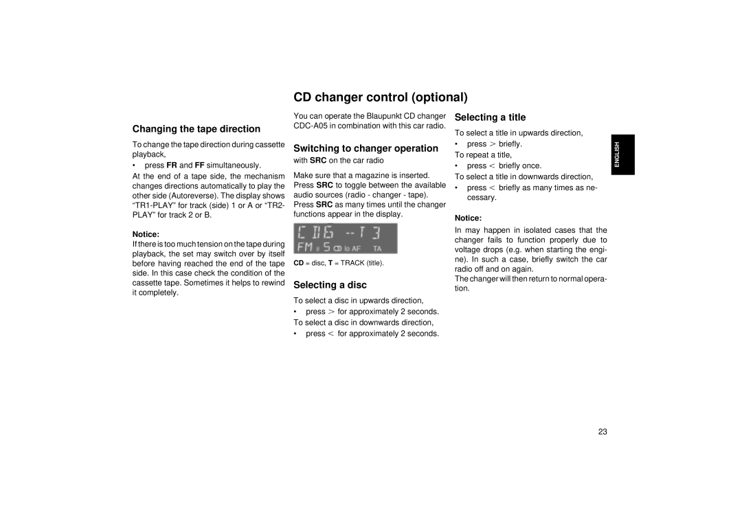 Blaupunkt ACM 5450 CD changer control optional, Changing the tape direction, Switching to changer operation 