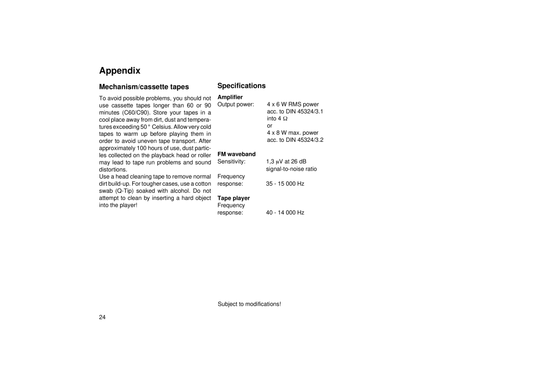 Blaupunkt ACM 5450 operating instructions Appendix, Mechanism/cassette tapes, Specifications 