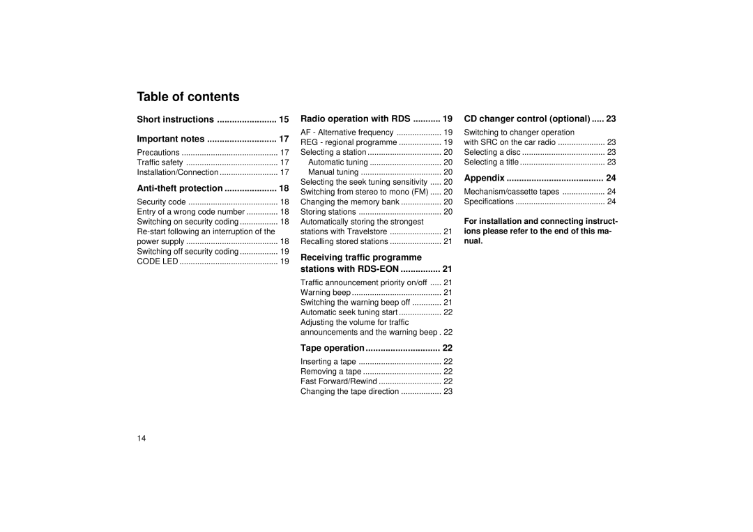 Blaupunkt ACM 5450 operating instructions Table of contents 