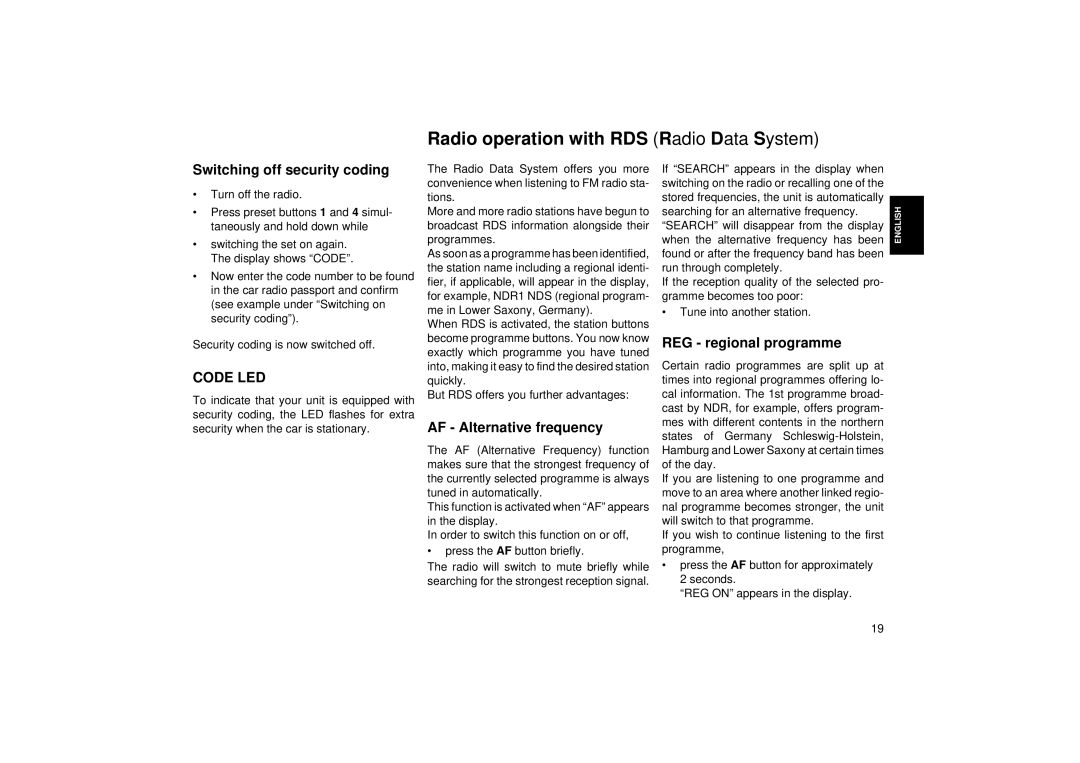 Blaupunkt ACM 5450 Radio operation with RDS Radio Data System, Switching off security coding, REG regional programme 