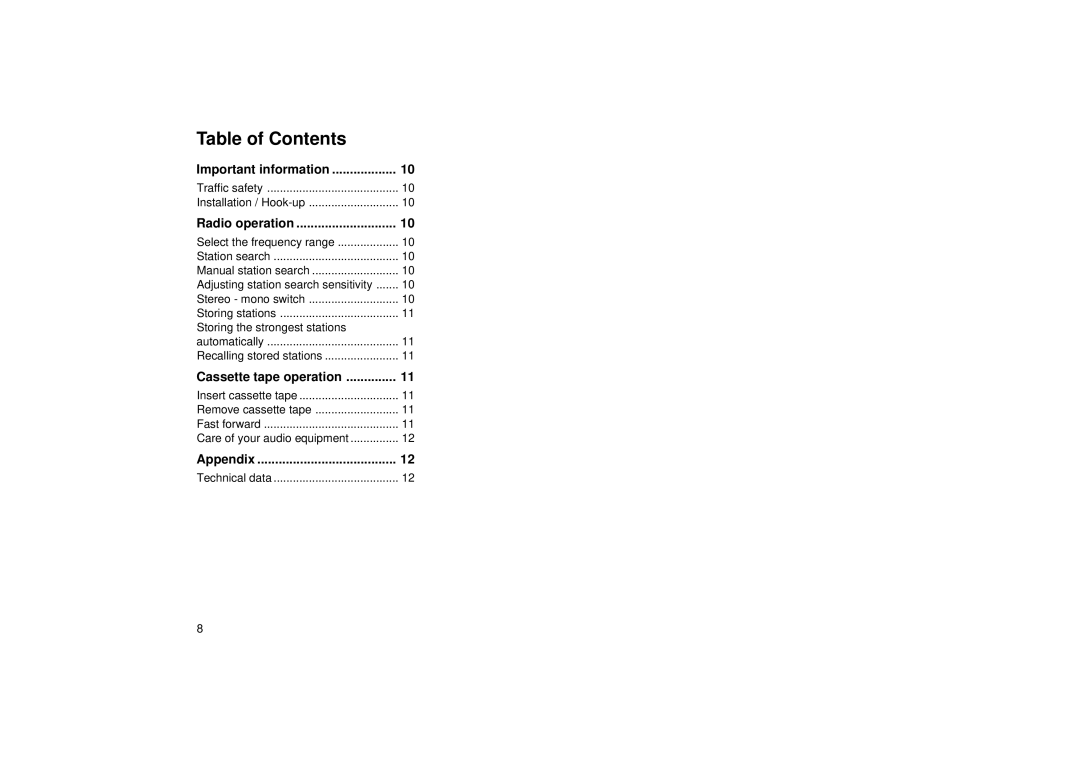 Blaupunkt ACR 3231 operating instructions Table of Contents 