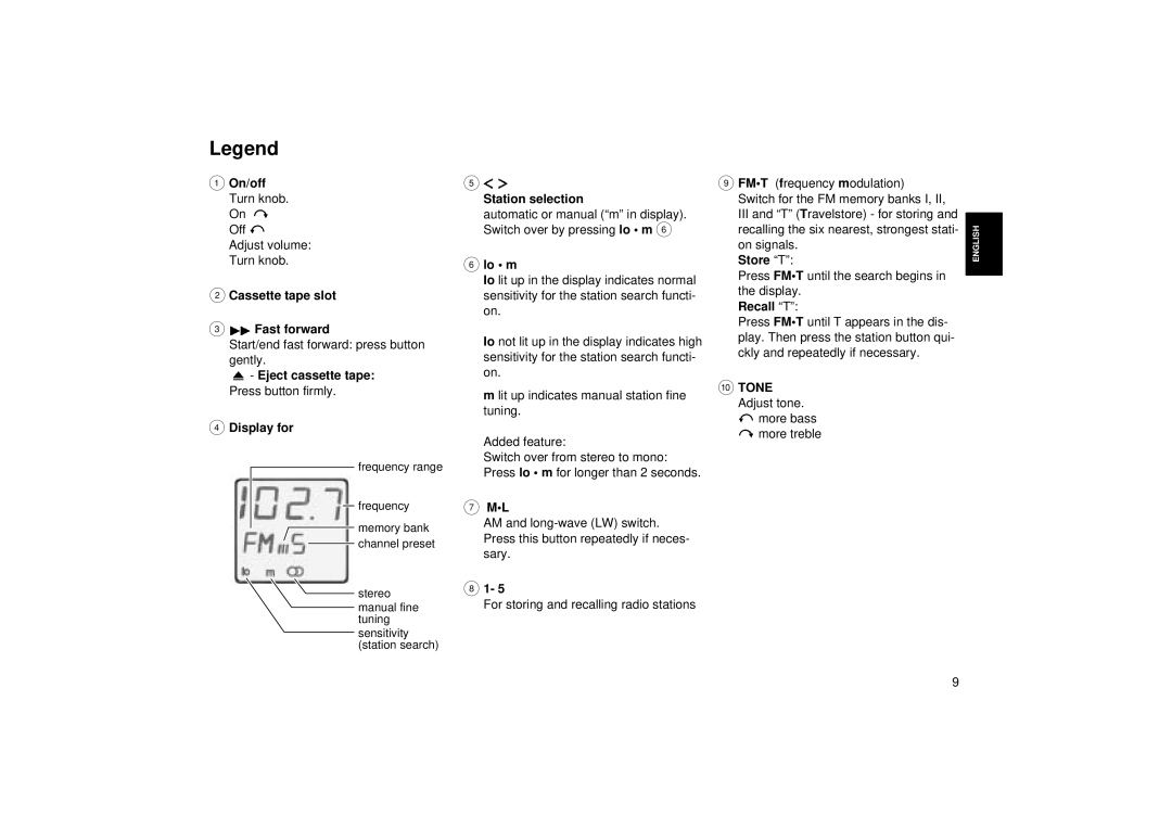 Blaupunkt ACR 3231 operating instructions Eject cassette tape, Display for, Station selection, Lo m, Store T, Recall T 