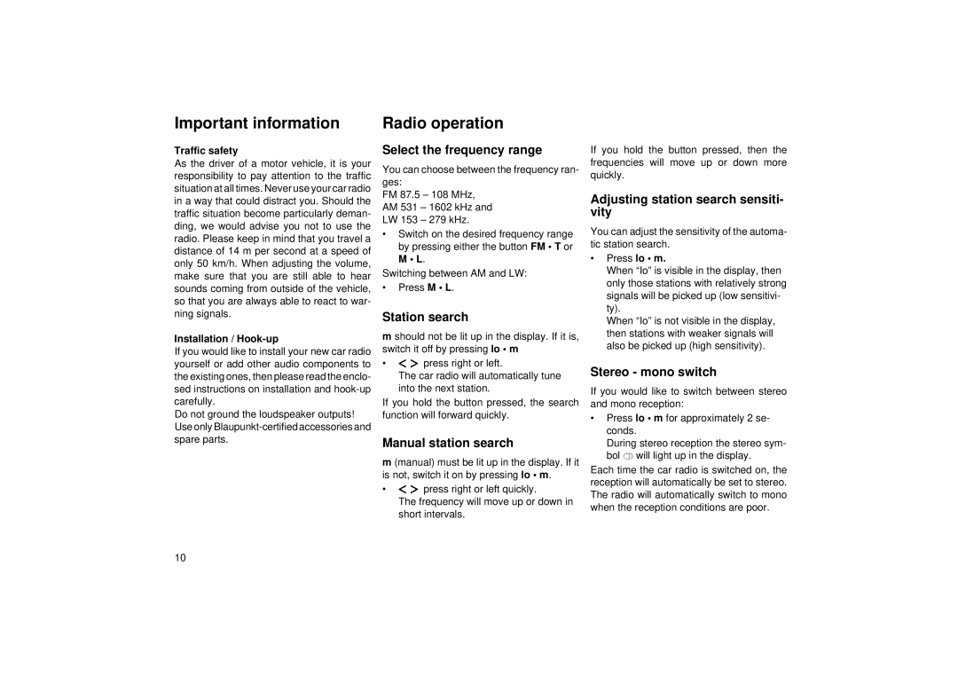 Blaupunkt ACR 3231 operating instructions Important information 