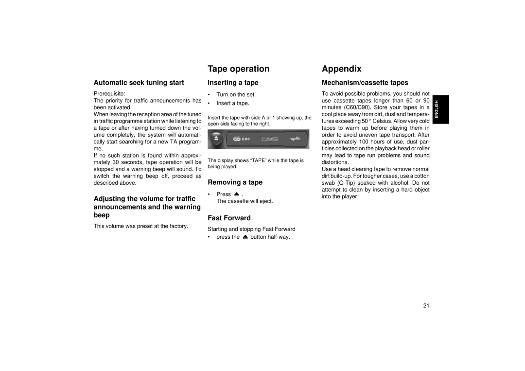 Blaupunkt ACR 3250 Appendix, Automatic seek tuning start Inserting a tape, Mechanism/cassette tapes, Removing a tape 