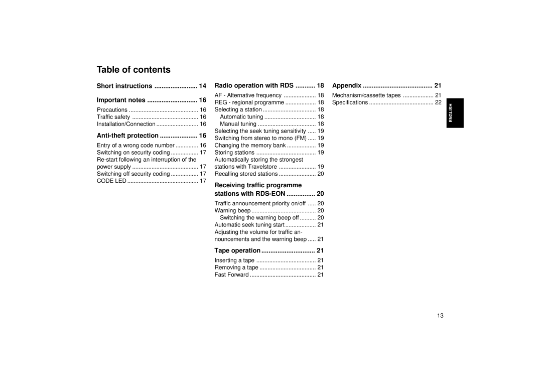 Blaupunkt ACR 3250 operating instructions Table of contents 