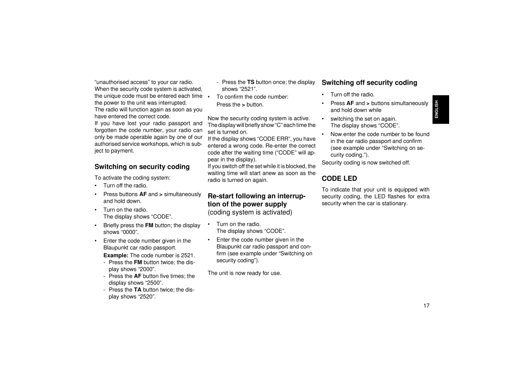 Blaupunkt ACR 3250 operating instructions Switching off security coding, Switching on security coding 