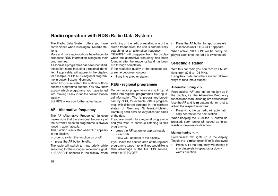 Blaupunkt ACR 3250 Radio operation with RDS Radio Data System, Selecting a station, REG regional programme 