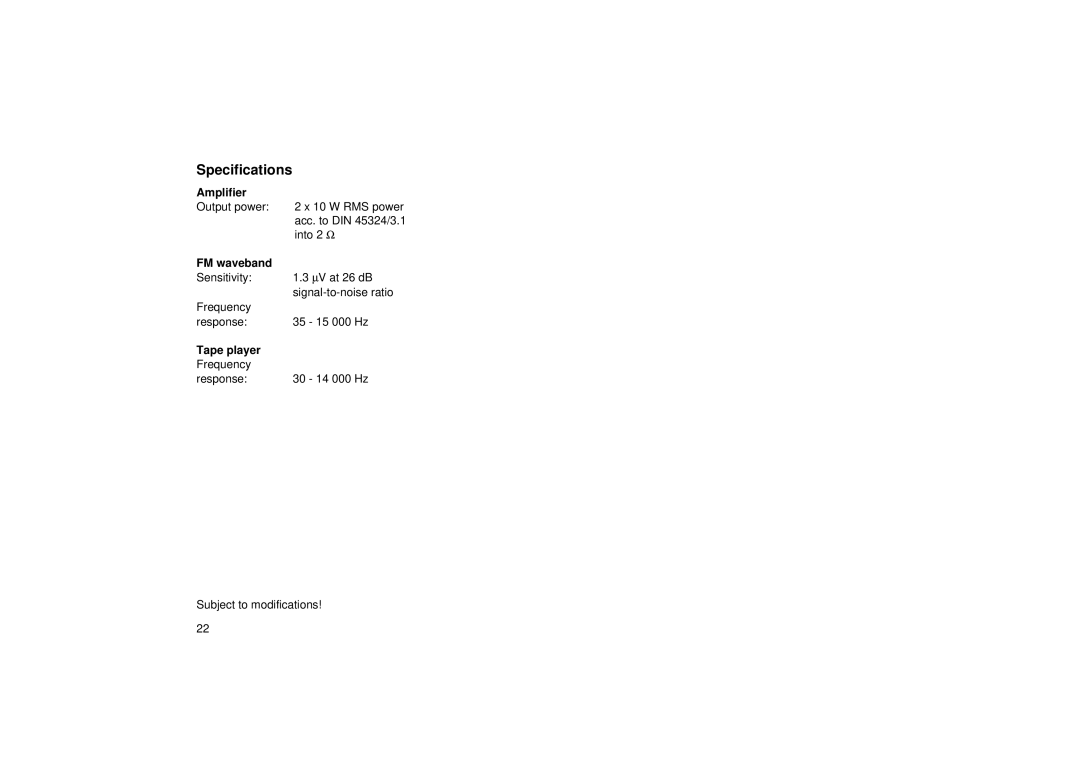 Blaupunkt ACR 3251 operating instructions Specifications, Amplifier, FM waveband, Tape player 