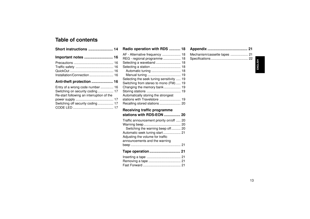 Blaupunkt ACR 3251 operating instructions Table of contents 