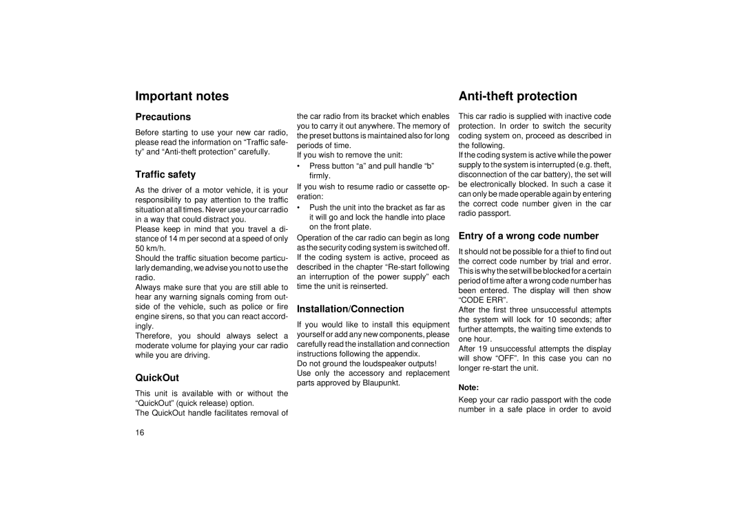 Blaupunkt ACR 3251 operating instructions Important notes 