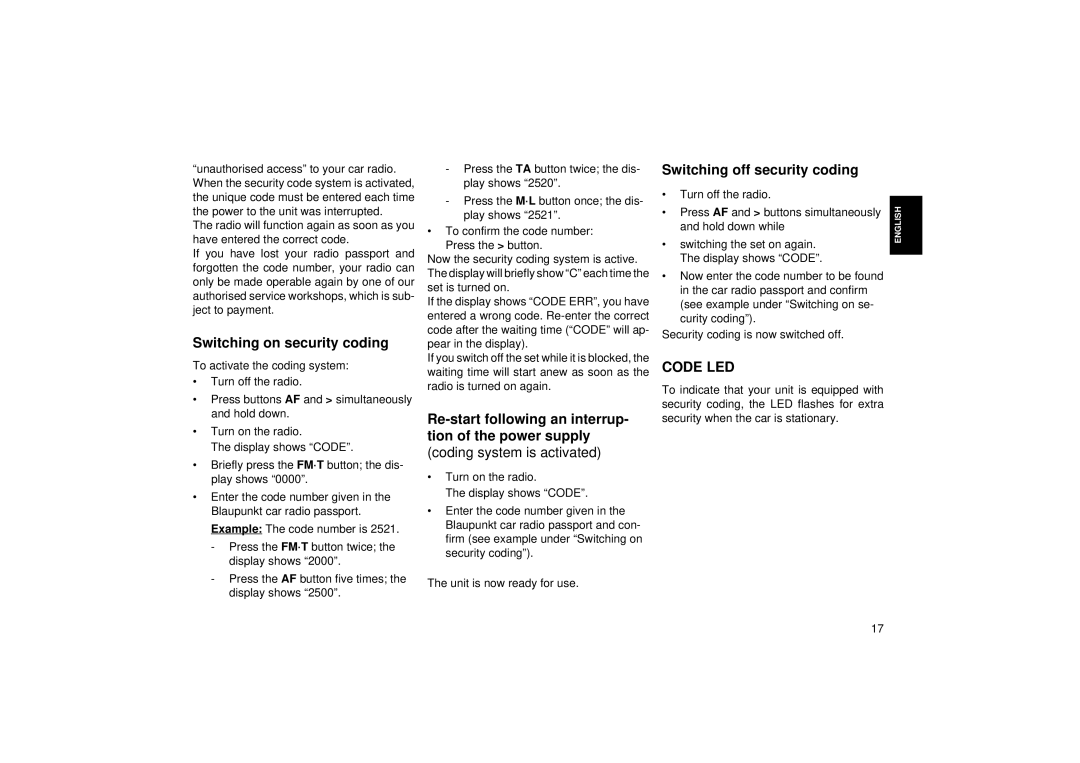 Blaupunkt ACR 3251 Switching on security coding, Re-start following an interrup- tion of the power supply 