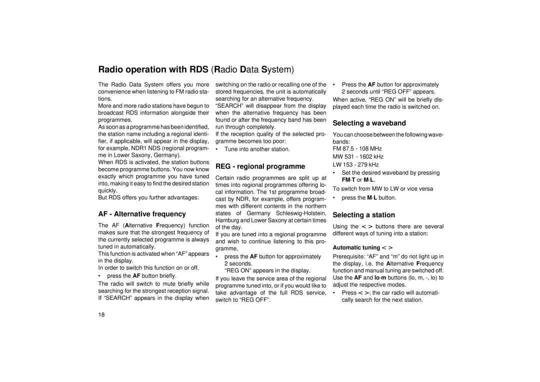 Blaupunkt ACR 3251 Radio operation with RDS Radio Data System, AF Alternative frequency, REG regional programme 