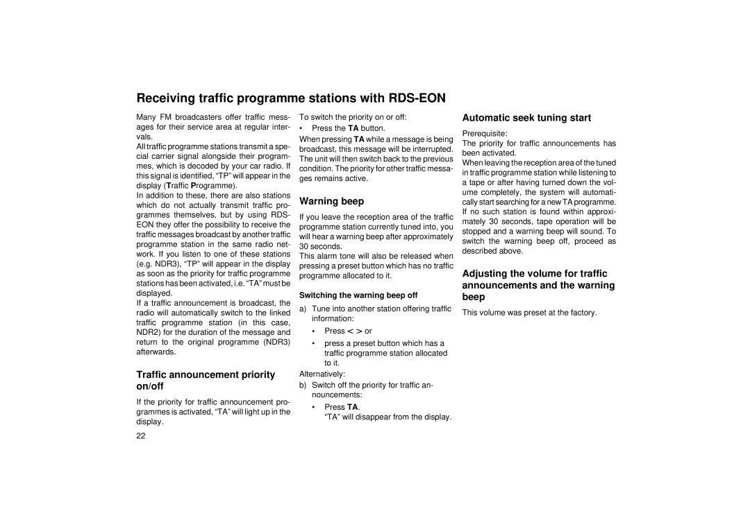 Blaupunkt ACR 4251 Receiving traffic programme stations with RDS-EON, Traffic announcement priority on/off 