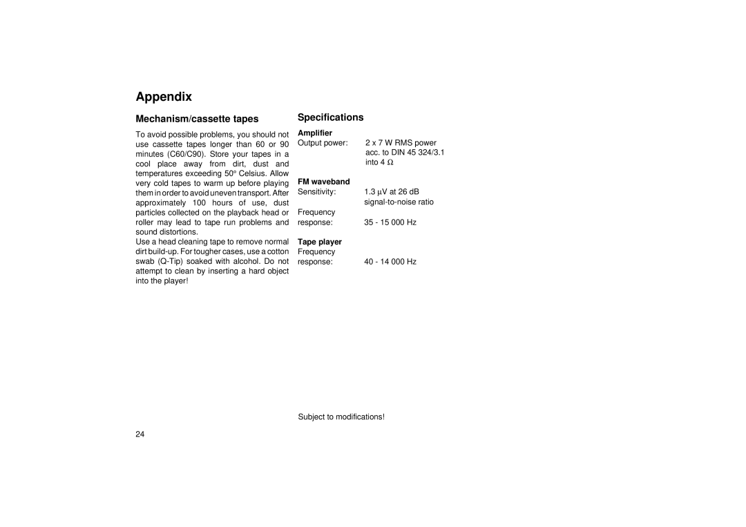 Blaupunkt ACR 4251 operating instructions Appendix, Mechanism/cassette tapes, Specifications 