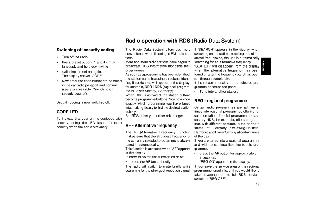 Blaupunkt ACR 4251 Radio operation with RDS Radio Data System, Switching off security coding, AF Alternative frequency 