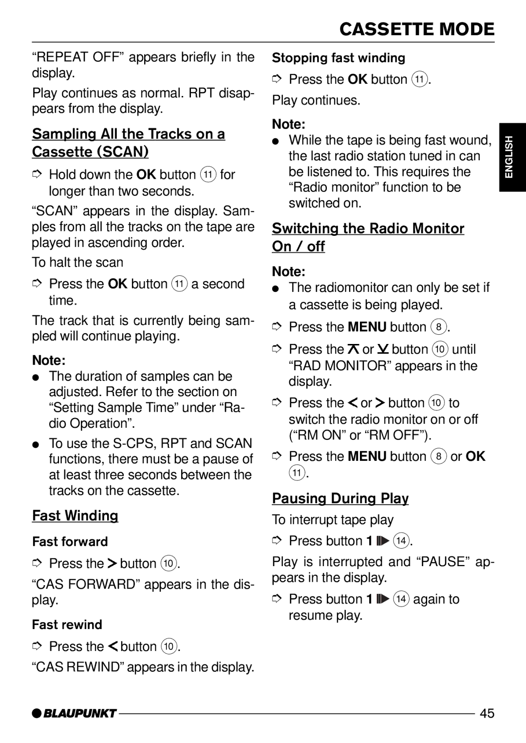 Blaupunkt Alaska DJ52 Sampling All the Tracks on a Cassette Scan, Fast Winding, Switching the Radio Monitor On / off 