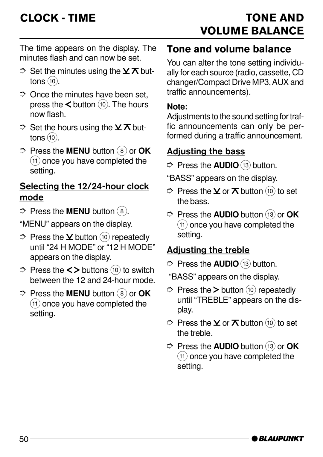 Blaupunkt Alaska DJ52 Clock Time Tone Volume Balance, Tone and volume balance, Selecting the 12/24-hour clock mode 