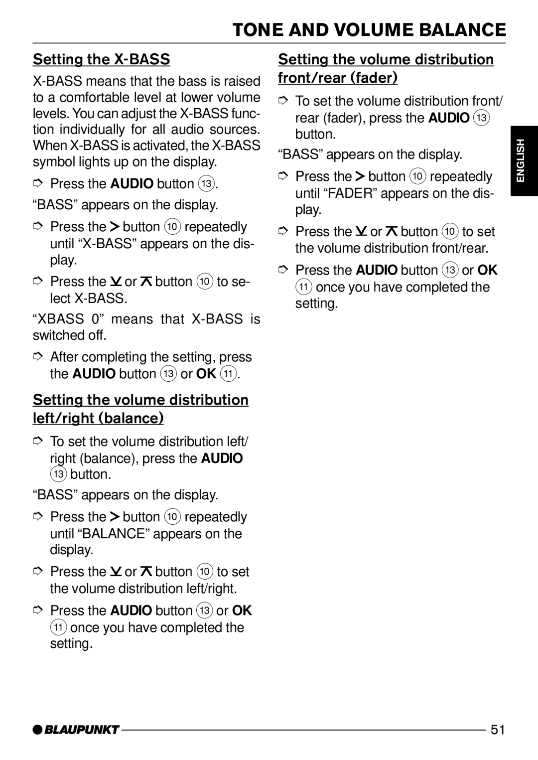 Blaupunkt Alaska DJ52 Tone and Volume Balance, Setting the X-BASS, Setting the volume distribution left/right balance 