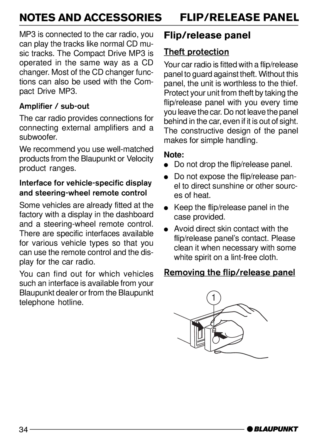 Blaupunkt Alaska DJ52 operating instructions Flip/release panel, Theft protection, Removing the flip/release panel 