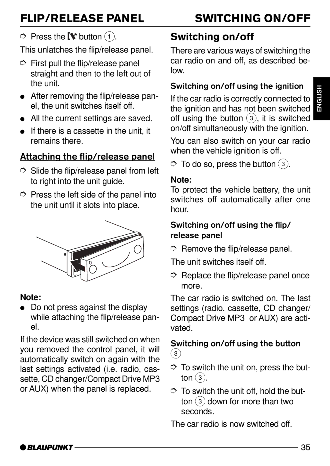 Blaupunkt Alaska DJ52 FLIP/RELEASE Panel Switching ON/OFF, Switching on/off, Attaching the flip/release panel 