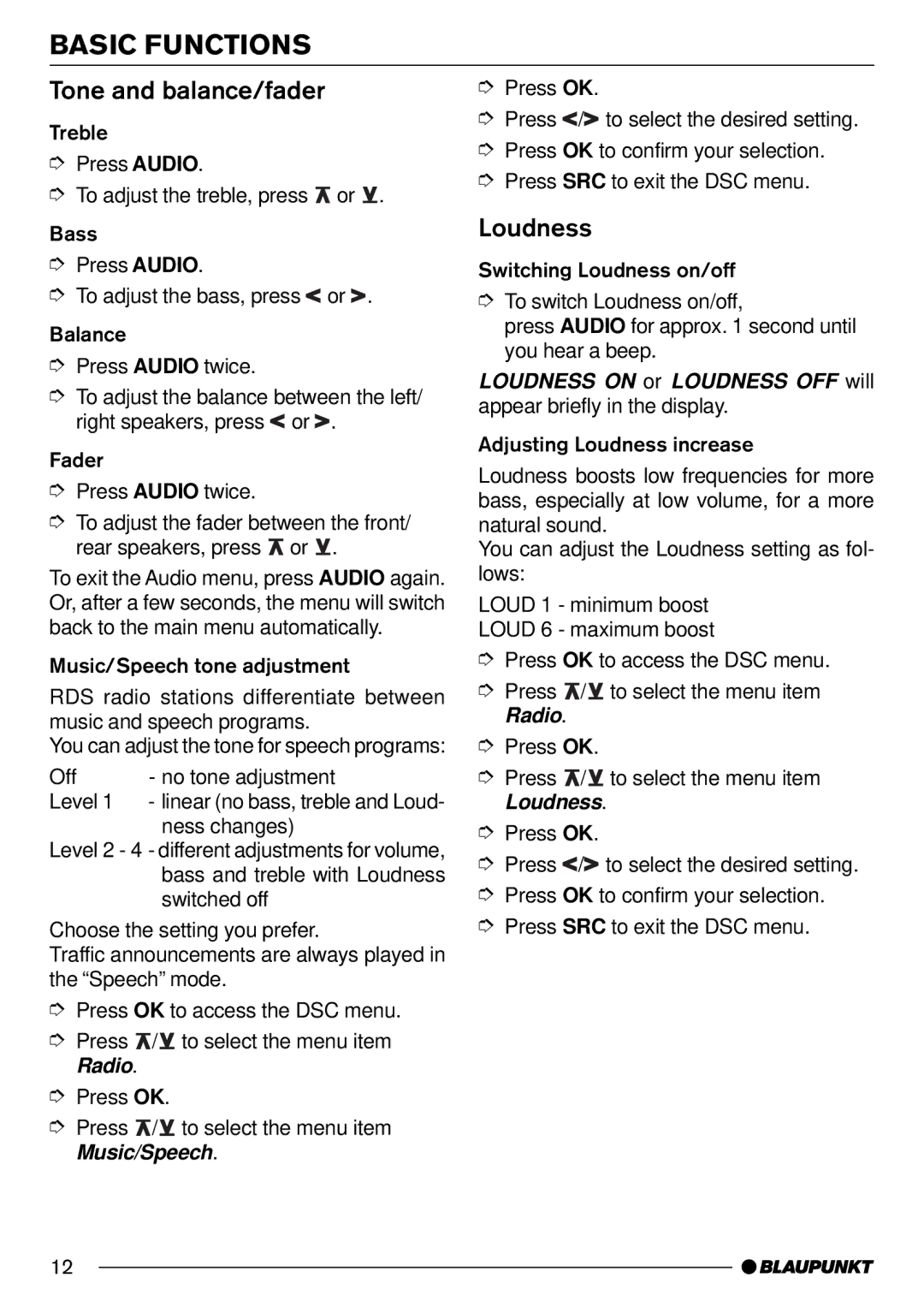 Blaupunkt AntaresT60 installation instructions Tone and balance/fader, Loudness 