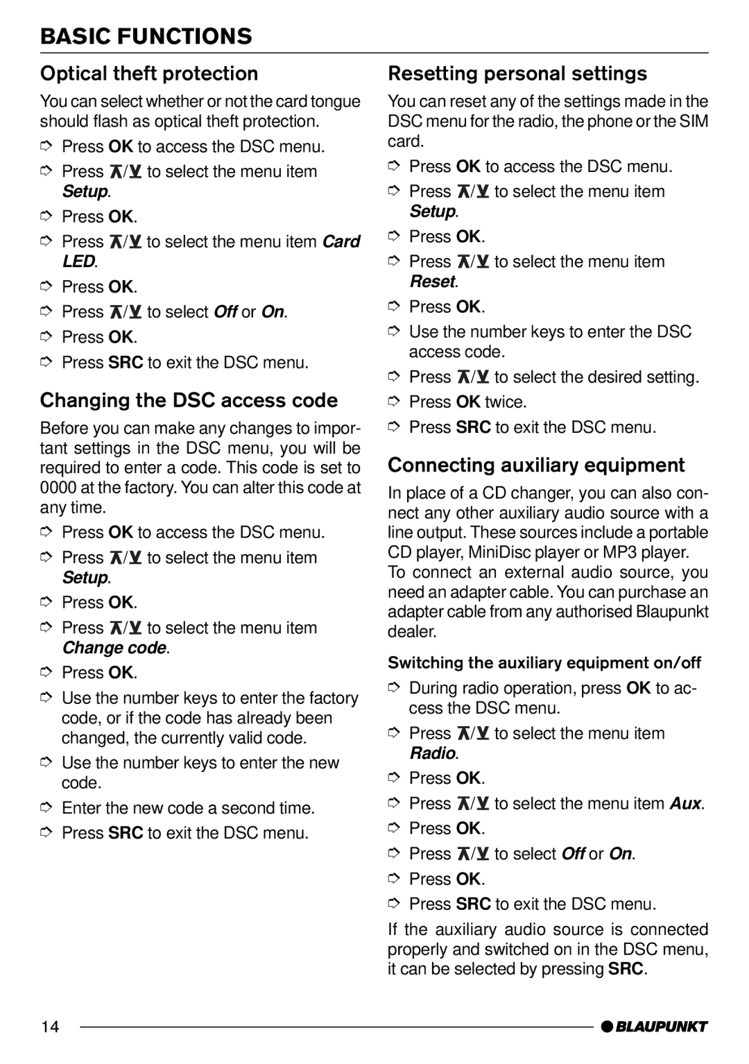 Blaupunkt AntaresT60 Optical theft protection, Changing the DSC access code, Resetting personal settings 