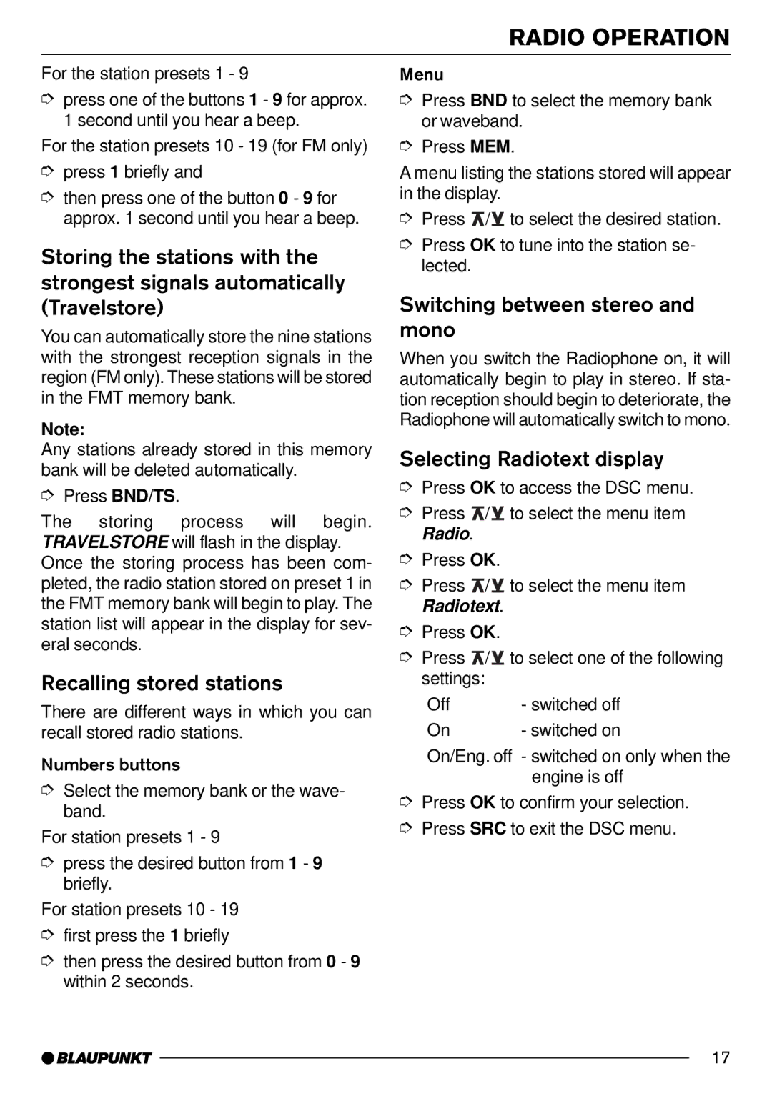 Blaupunkt AntaresT60 Recalling stored stations, Switching between stereo and mono, Selecting Radiotext display 