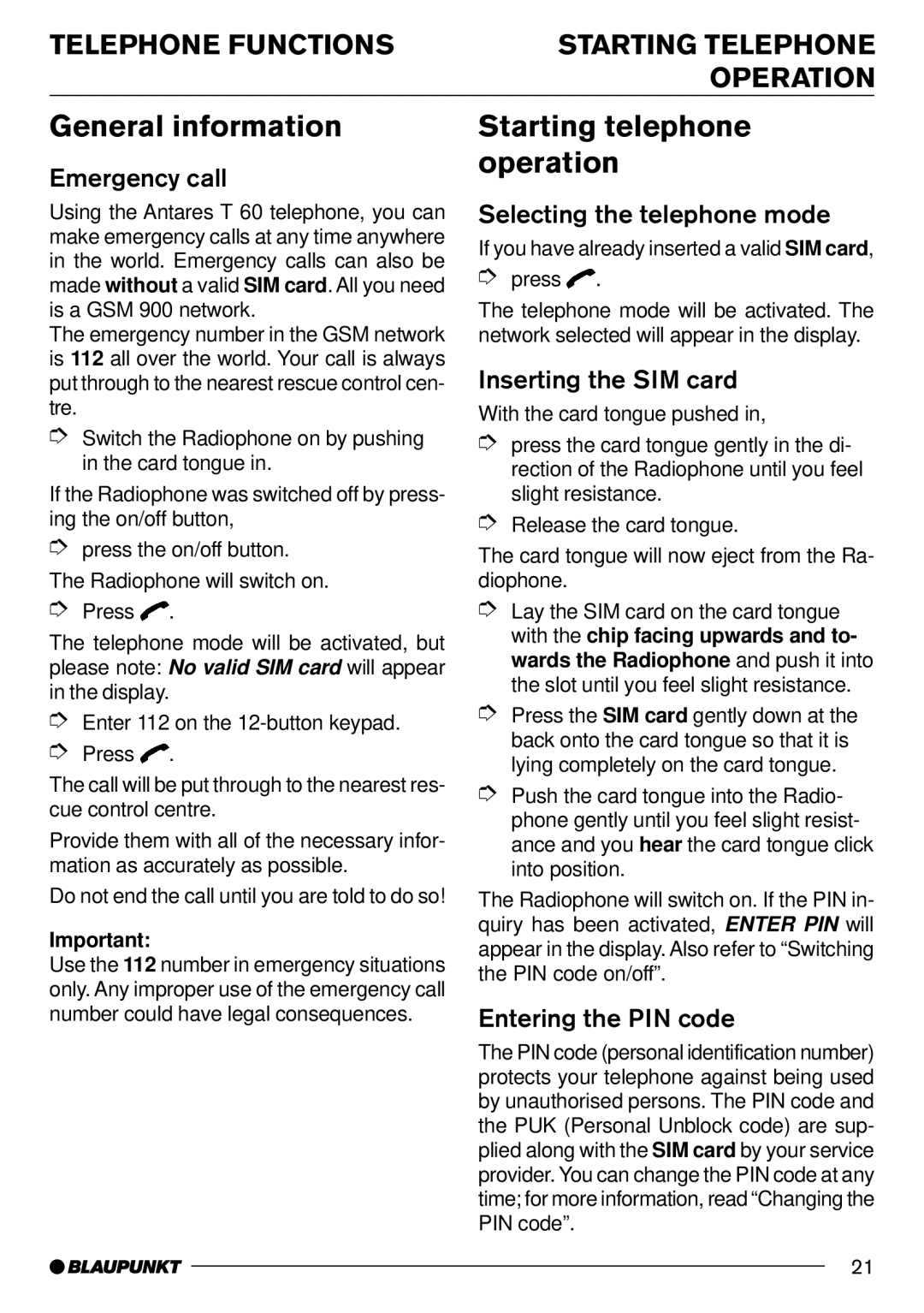 Blaupunkt AntaresT60 General information, Starting telephone operation, Telephone Functions, Operation 