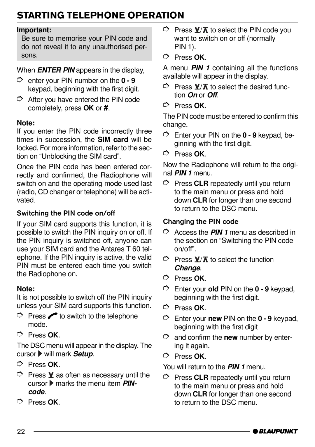 Blaupunkt AntaresT60 installation instructions Starting Telephone Operation 