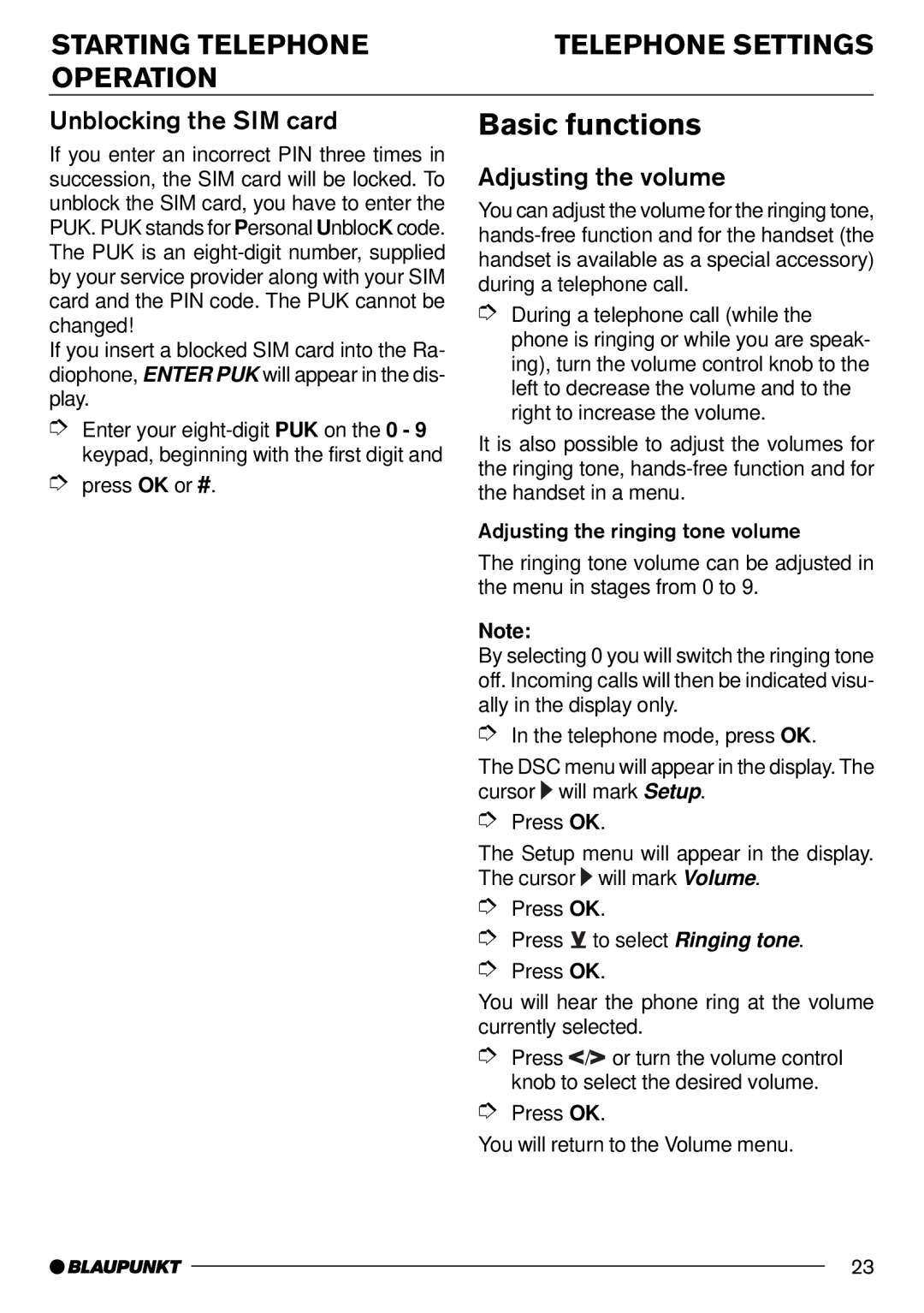 Blaupunkt AntaresT60 installation instructions Starting Telephone, Unblocking the SIM card, Adjusting the volume 