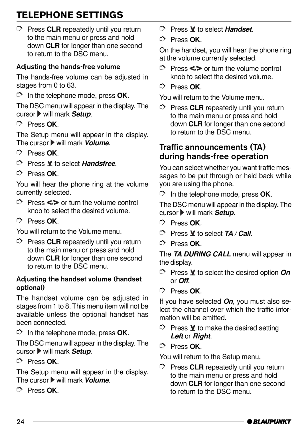 Blaupunkt AntaresT60 installation instructions Telephone Settings, Traffic announcements TA during hands-free operation 