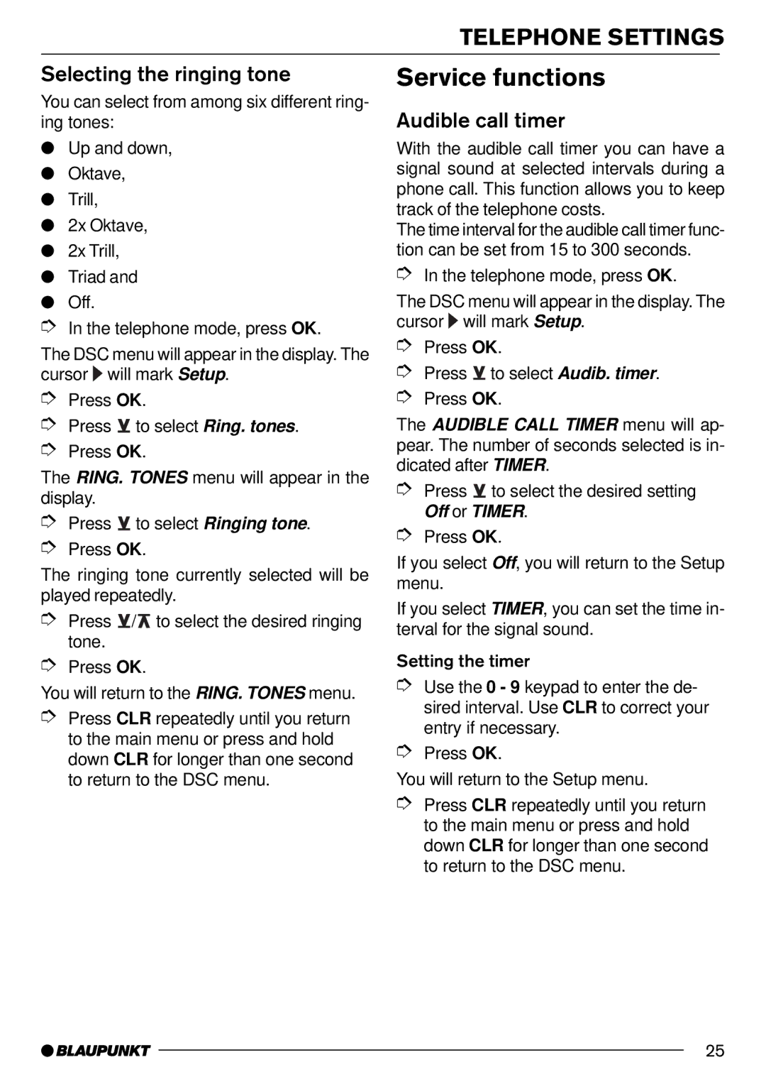 Blaupunkt AntaresT60 installation instructions Service functions, Selecting the ringing tone, Audible call timer 