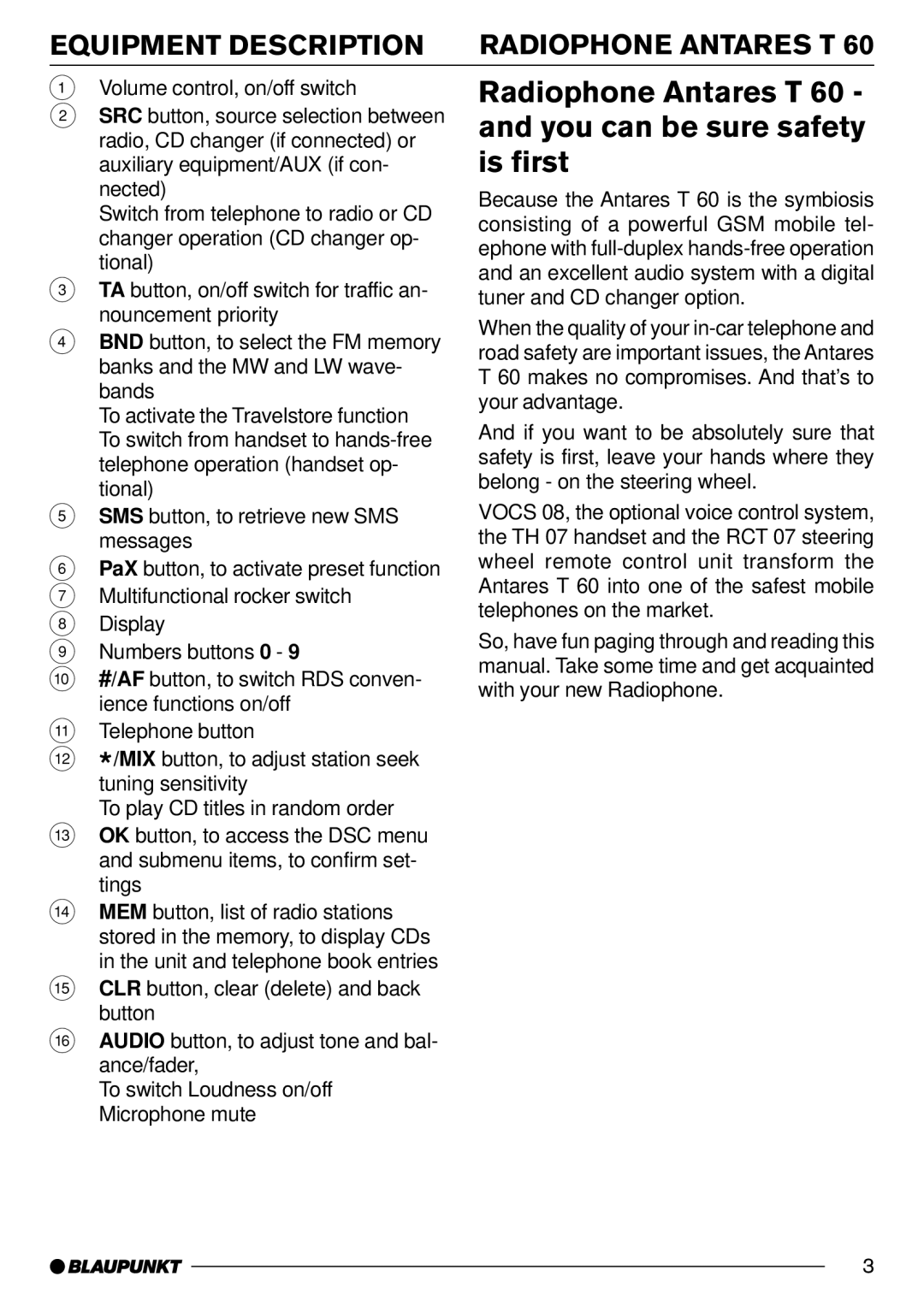 Blaupunkt AntaresT60 installation instructions Radiophone Antares T 60 and you can be sure safety is first 